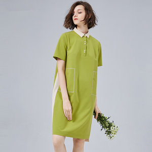 邑品牛油果绿短袖连衣裙女2024夏装新款时尚减龄polo领休闲直筒裙