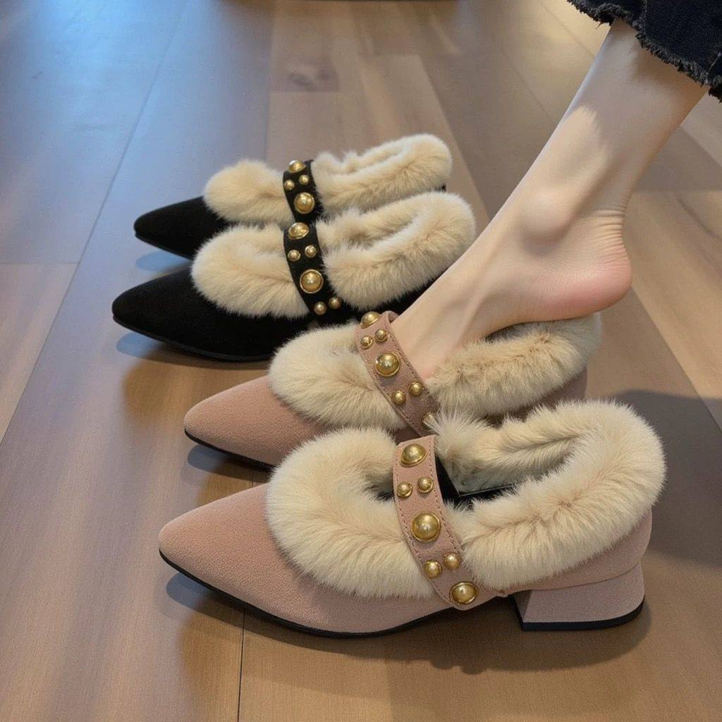 小香风尖头毛毛鞋粗跟高跟鞋女2025新款秋季浅口单鞋一字带妈妈鞋,淘宝优惠券,粉丝福利购,淘宝优惠卷