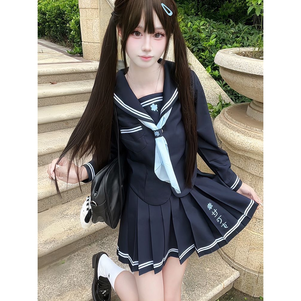 【叁叶町】三叶草刺绣JK水手服正版原创收腰学院风绀色百褶裙套装 - 图0