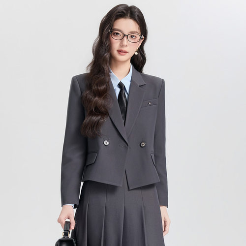 黑色短款西装外套女士小个子高级感职业正装大学生面试百褶裙套装 - 图0
