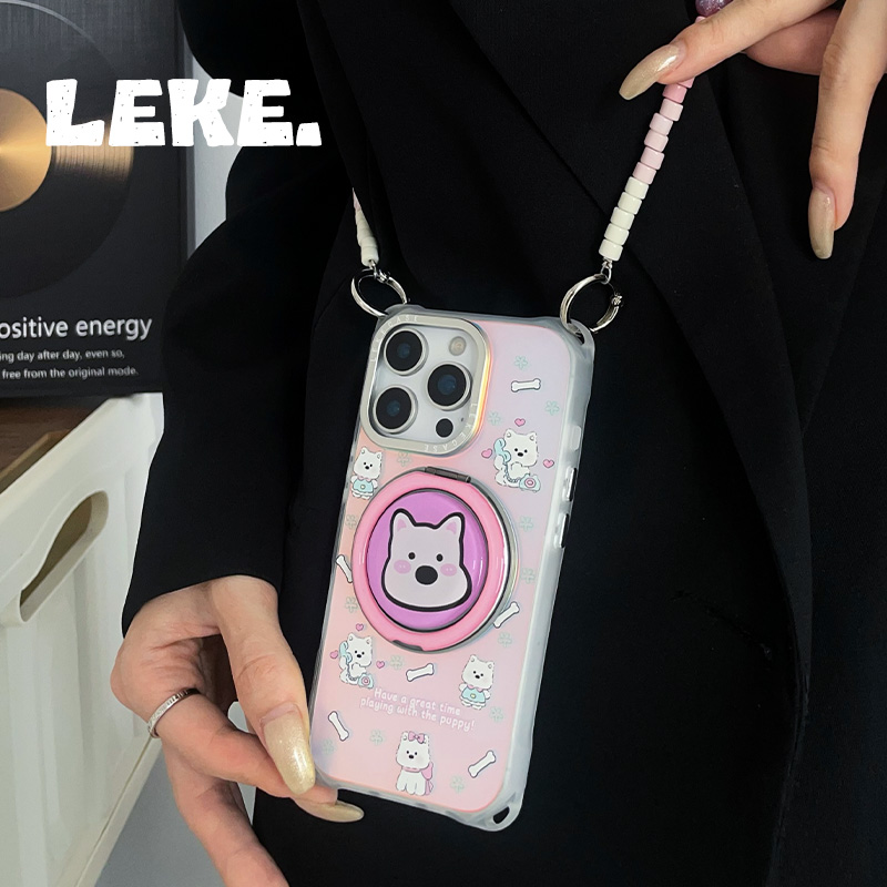 粉色西高地适用苹果15手机壳带挂绳13斜挎可背iphone16promax四角开孔14支点旋转支架12链条手提16背包式华为 - 图2