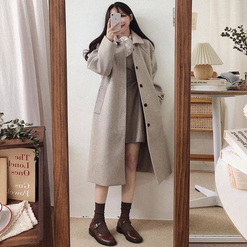 燕麦色呢子大衣女小个子2024新款秋冬季中长款气质毛呢外套羽绒服 - 图1