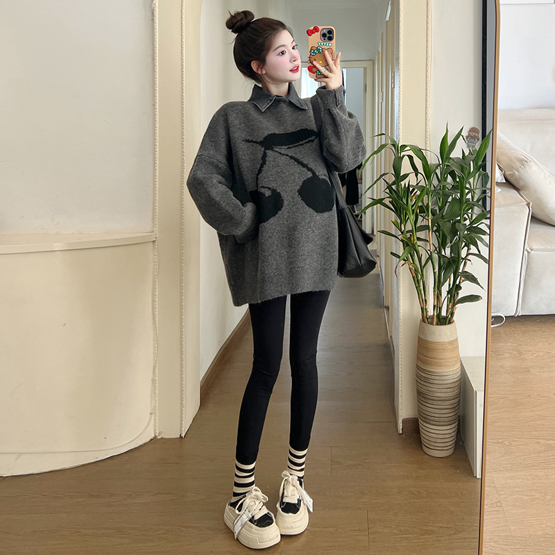 大码孕妇毛衣秋冬加厚假两件时尚宽松百搭针织衫上衣200斤套装潮 - 图3