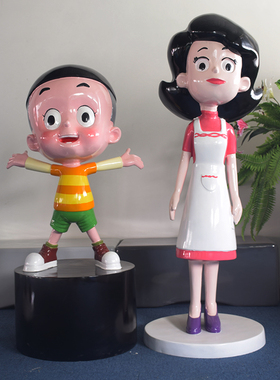 玻璃钢卡通大头儿子小爸妈妈摆件