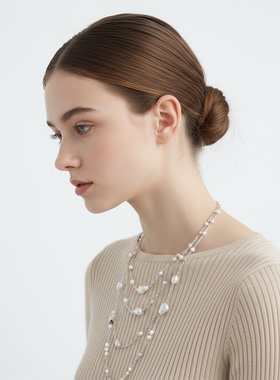 FataViam电镀银巴洛克珍珠超长款项链毛衣链多层小众气质高级感女