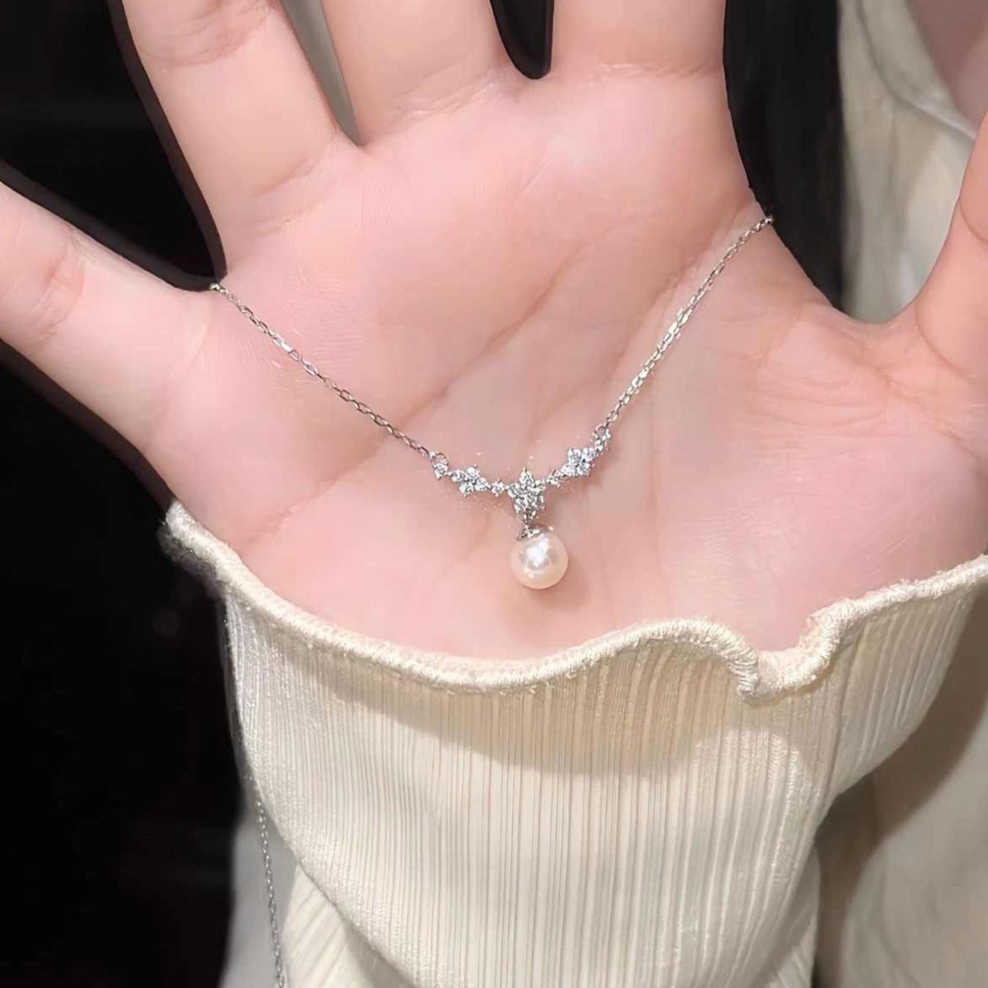 「春日樱花」花朵锆石珍珠S925纯银项链高级感轻奢小众锁骨链礼物