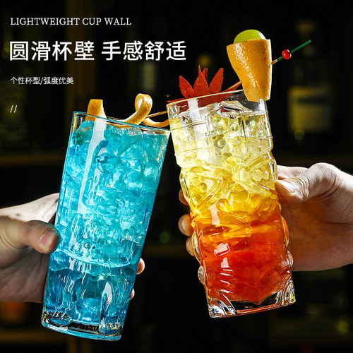加厚玻璃tiki鸡尾酒杯鬼脸提基杯酒吧 人脸酒杯僵尸鸡尾酒冷饮杯 - 图0