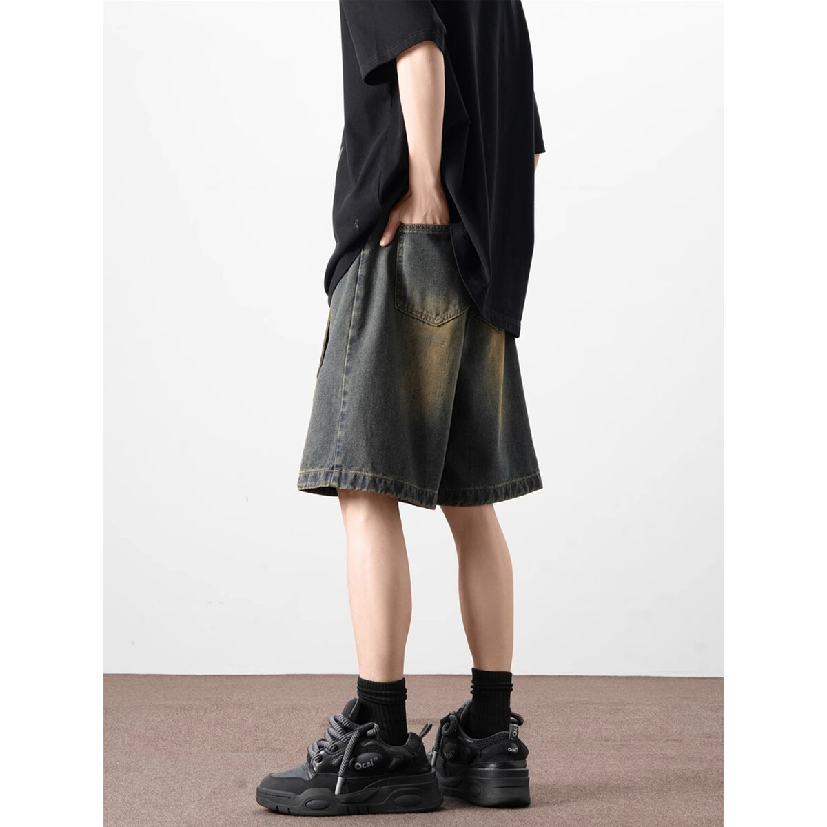 QOTRIOCK美式解构牛仔短裤男夏季潮牌宽松拼接设计直筒裤水洗中裤 - 图2