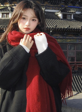复古红色围巾女冬季针织羊绒