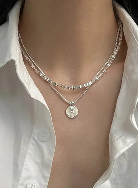 清冷时尚双层玫瑰花碎银子项链叠戴个性小众设计感百搭颈链锁骨链