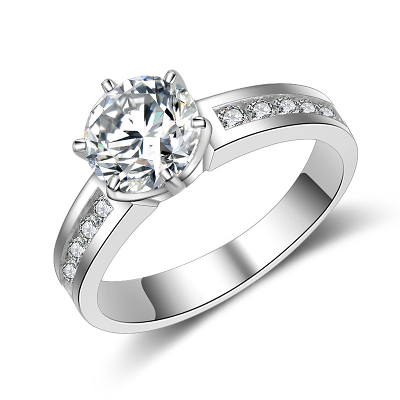 S925纯银18K金高碳钻石戒指女 经典六爪1.25克拉排钻婚戒钻戒礼物 - 图3
