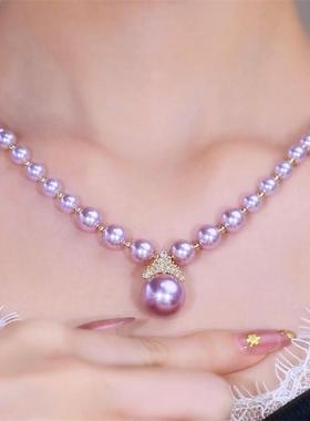 紫色镶钻珍珠吊坠项链