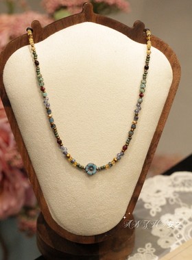 ANZHI原创手作项链复古风蓝色花朵彩色项链女百搭