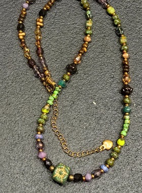 原创设计小众叠戴天然石串珠复古项链女新款吊坠锁骨链颈链