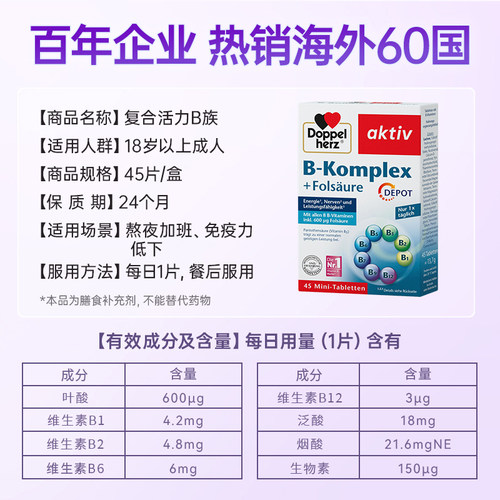 【自营】德国进口双心叶酸多种b族复合维生素片vb126正品官方*1盒 - 图2