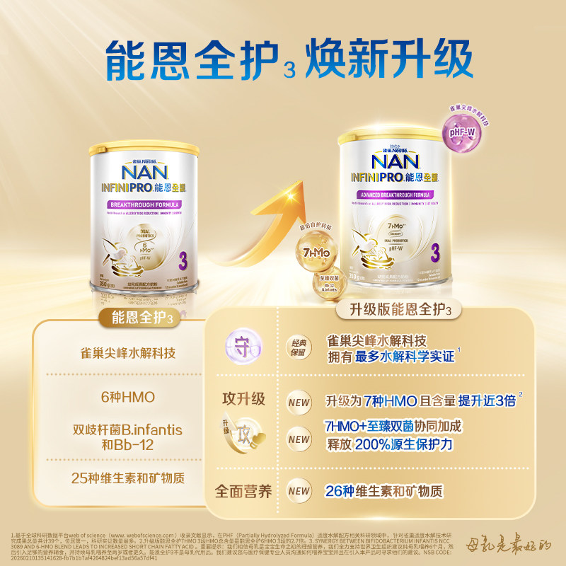【自营】雀巢能恩全护6种HMO益生菌适度水解低敏奶粉3段800g*6