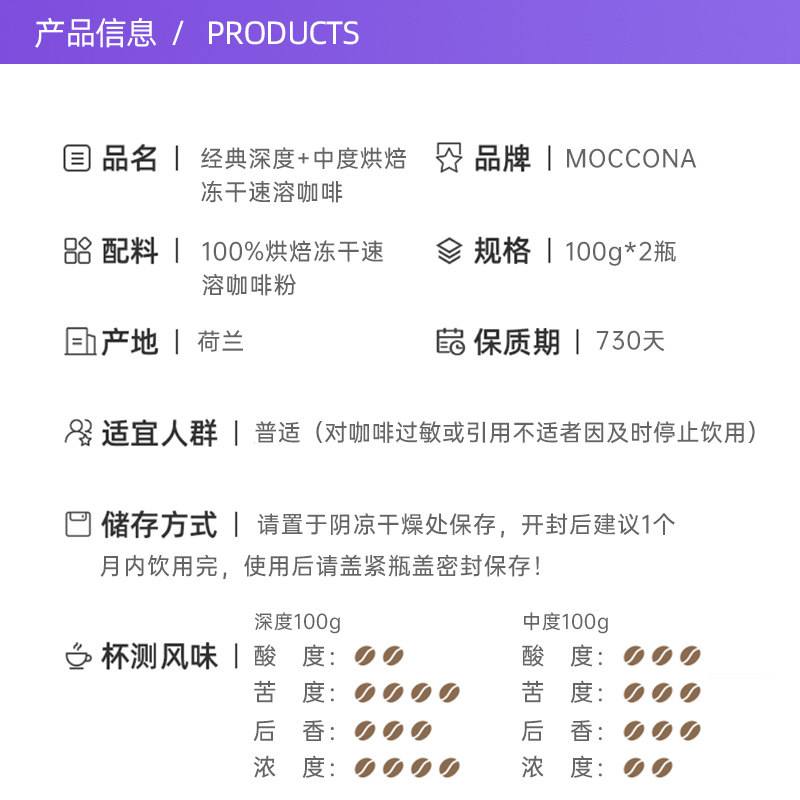 【自营】摩可纳冻干美式提神速溶黑咖啡粉中度加8号深度2瓶组合装