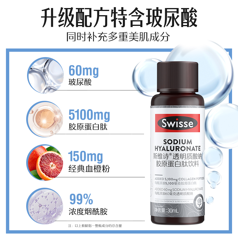 天猫国际进口超市【自营】swisse斯维诗胶原蛋白肽口服液态饮透明质酸钠30ml*10瓶1