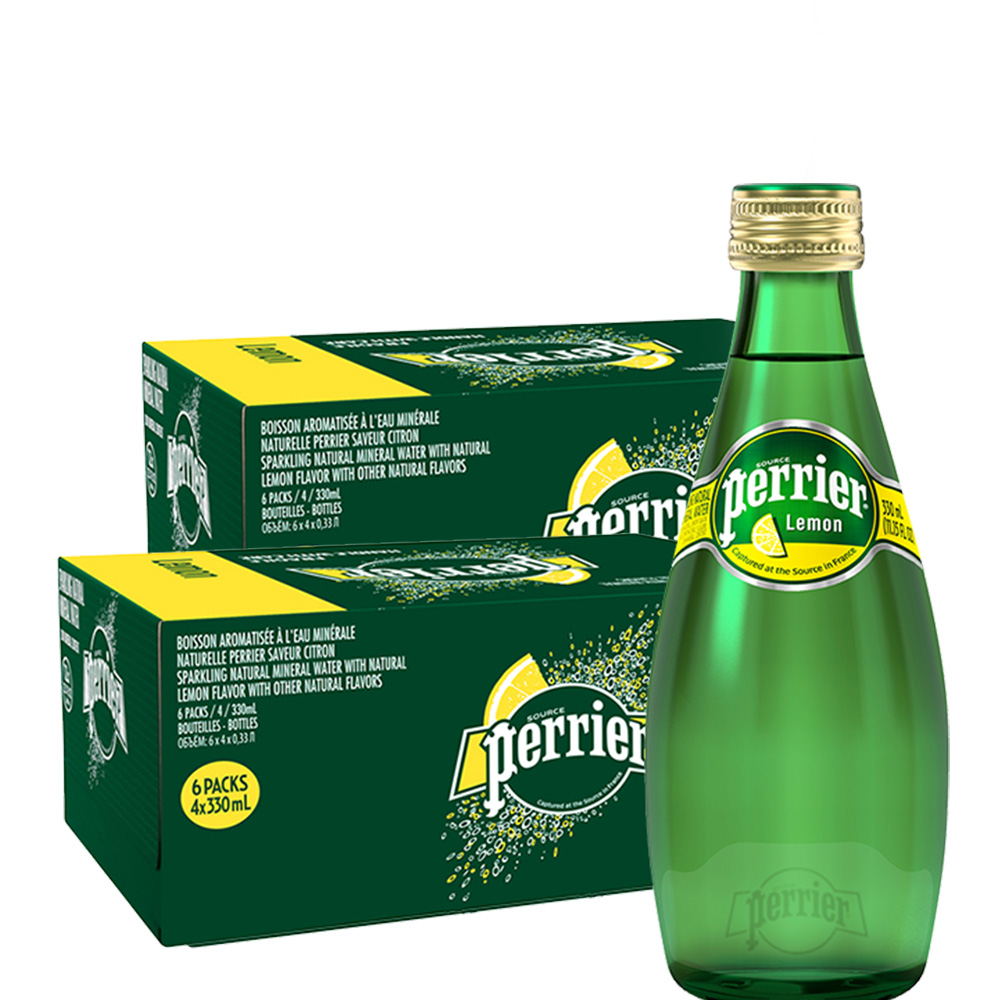 天猫国际进口超市perrier巴黎水含气天然矿泉水柠檬味饮料玻璃瓶气泡水330ML*48瓶1