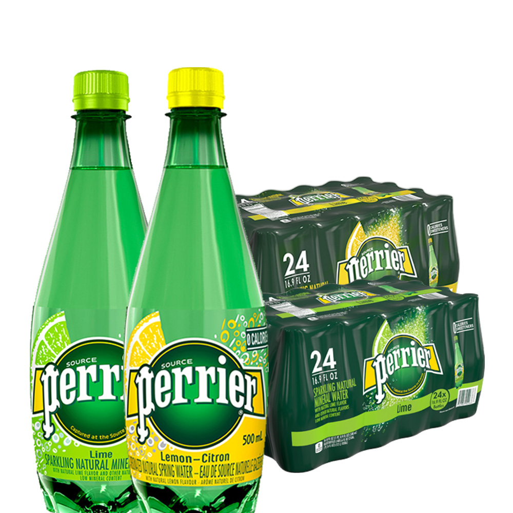 天猫国际进口超市Perrier巴黎水青柠柠檬组合口味含气天然矿泉水气泡水500ML*48瓶1