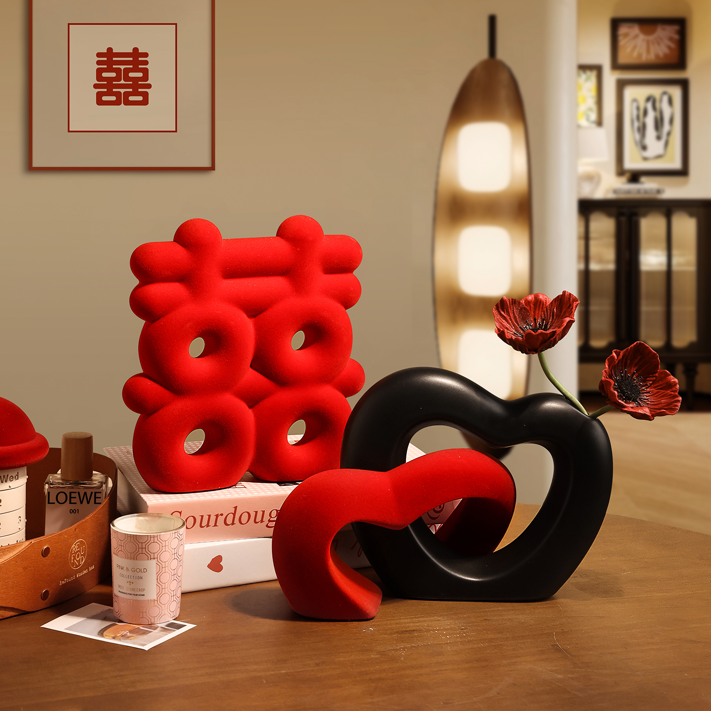 新年吾家有喜爱心花瓶红色双喜字装饰品摆件套装结婚喜庆婚房用品,淘宝优惠券,粉丝福利购,淘宝优惠卷