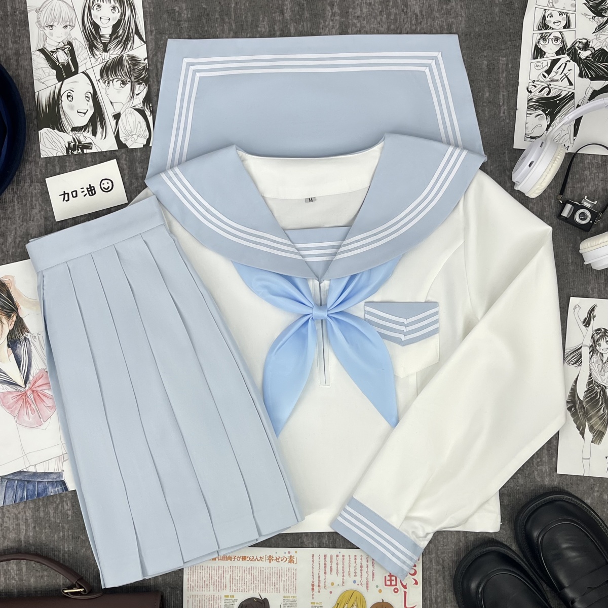 樱奈家原创JK制服水蓝白三本水手服日系学院风校供感中间服毕业服 - 图0