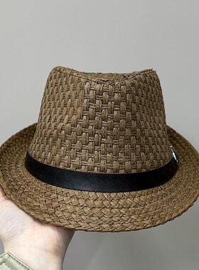 法式礼帽男款夏季薄款太阳帽男中老年爸爸盆帽爷爷咖啡色卷边草帽