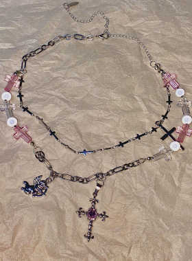 StarryCat原创设计 y2k镶钻十字架粉白少女心ins甜酷小众叠戴项链