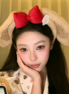 秋冬毛绒兔耳蝴蝶结发箍保暖