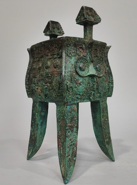 古青铜爵杯摆件华夏爵管流平底爵牛头爵兽面斝青铜器古代饮酒器