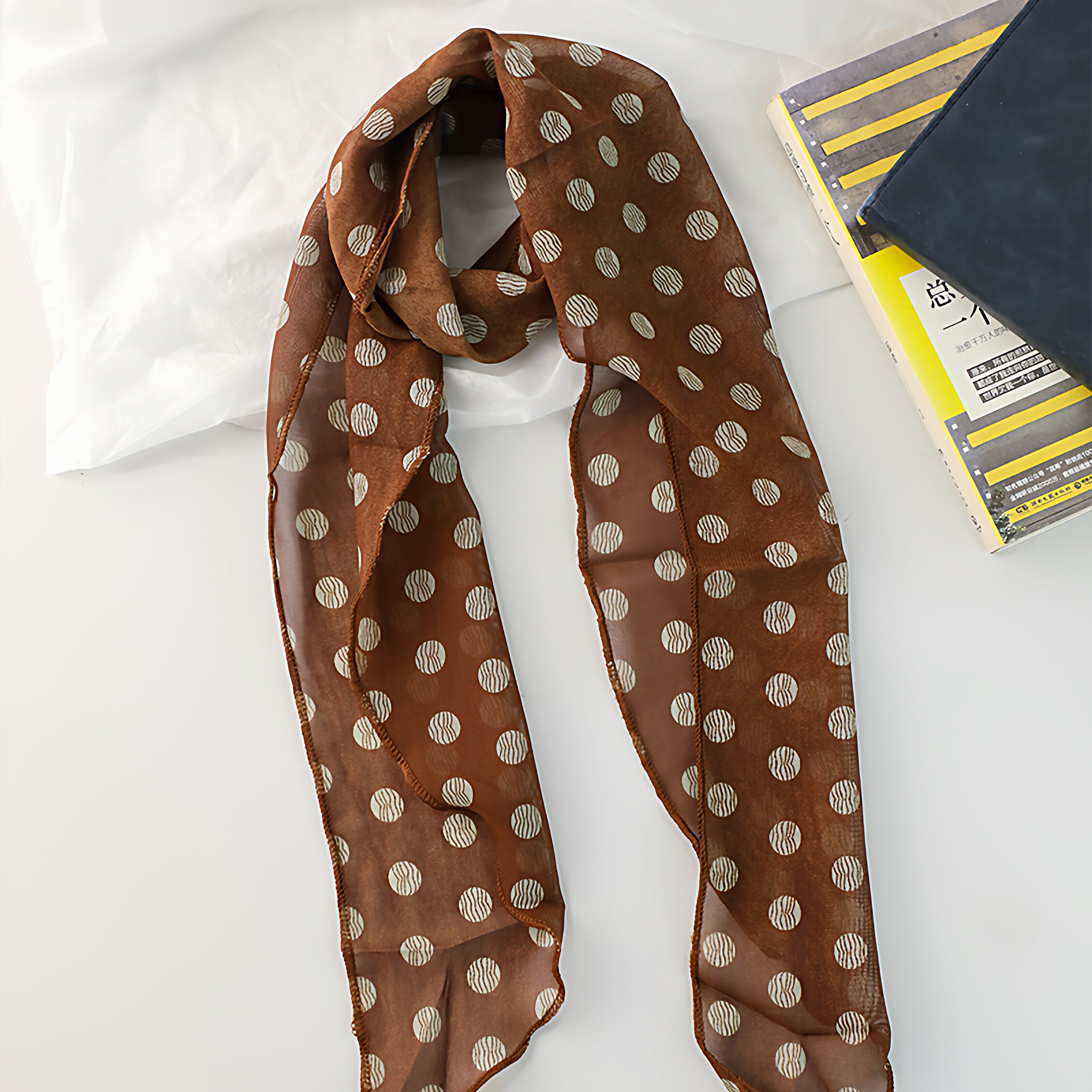 棕色波点丝巾印花高级百搭配饰系脖女2026年发带绑发长条围巾