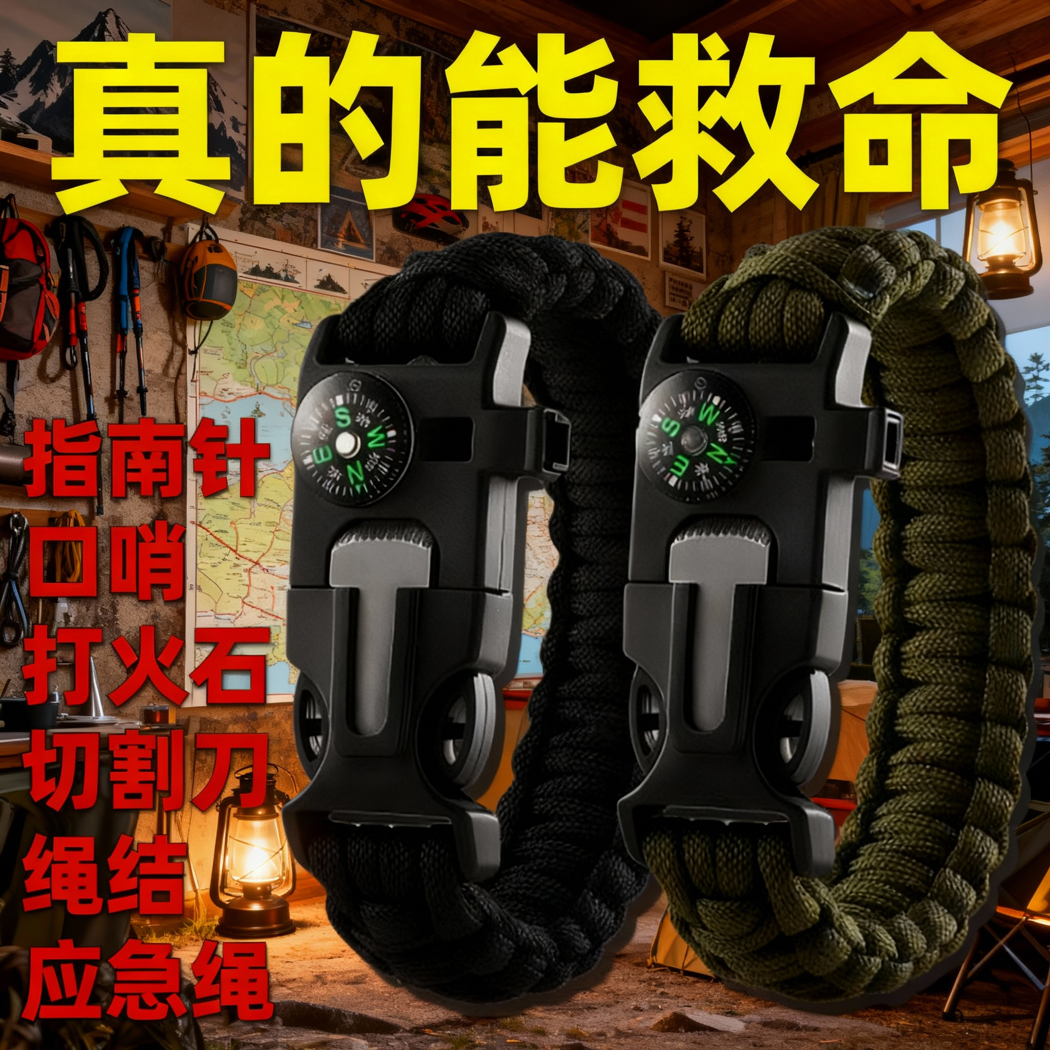 多功能户外伞绳手链打火石指南针登山救生手绳求救哨应急生存装备,淘宝优惠券,粉丝福利购,淘宝优惠卷