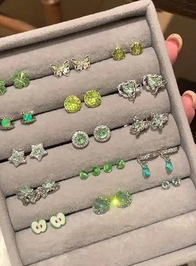 绿色系列爆闪华子锆石耳钉医用钛钢耳蜗耳骨钉高级感蝴蝶精致耳饰