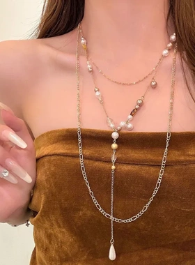 浪漫巴黎 法式珍珠多层叠戴项链女轻奢高级感金色长款锁骨链配饰