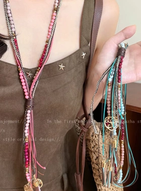 波西米亚民族风蓝色串珠项链多层叠戴长款颈链小众设计时尚毛衣链