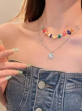 双层叠戴玫瑰锆石卫衣项链女夏天气质百搭锁骨链轻奢小众高级配饰