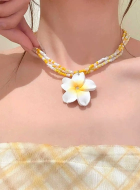 黄色鸡蛋花串珠项链耳钉女小众甜美锁骨链海边度假配饰