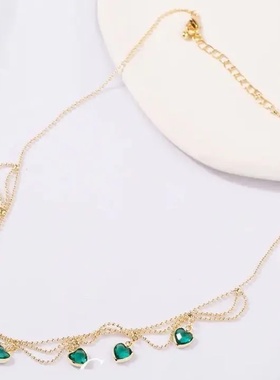 2022年新款抖音同款防敏不掉色铜合金项链气质绿色爱心气质锁骨链