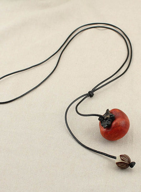 复古中国风好事莲莲项链女檀木柿子吊坠毛衣链简约百搭民族风配饰