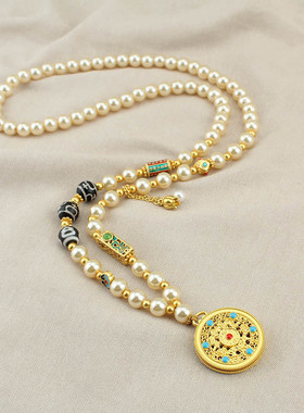 新中式国风圆牌仿珍珠项链女复古串珠毛衣链长款古风汉服旗袍配饰