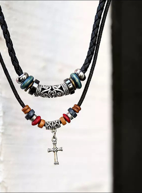 欧美复古风时尚皮绳编织项链男士潮人个性设计感锁骨链ins小众