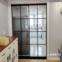 Extremely narrow black frame triple linkage grid single-shift door kitchen tempered glass push Ramen living room balcony three rails without lower rail