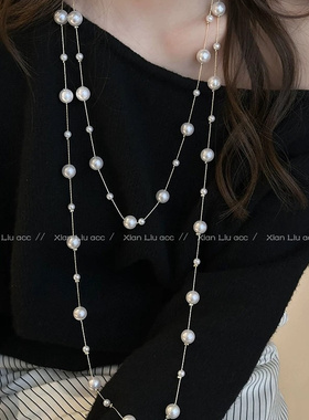 长款白色珍珠项链小众多层毛衣链
