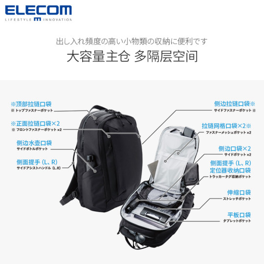 ELECOM商务通勤双肩包出差旅行包MNL双肩背包大容量多功能登山包