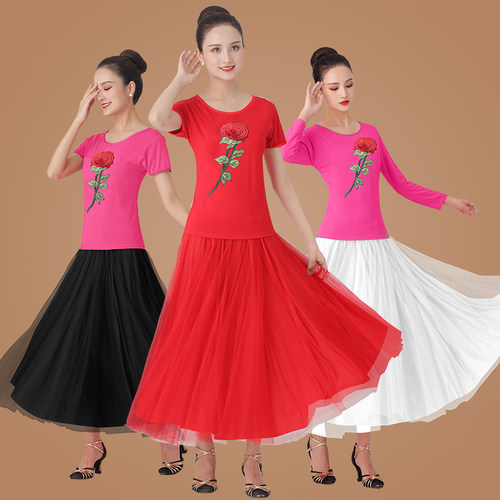 广场舞服装舞蹈演出服莫代尔短袖上衣网纱裙长裙裙子套装跳舞衣服 - 图0