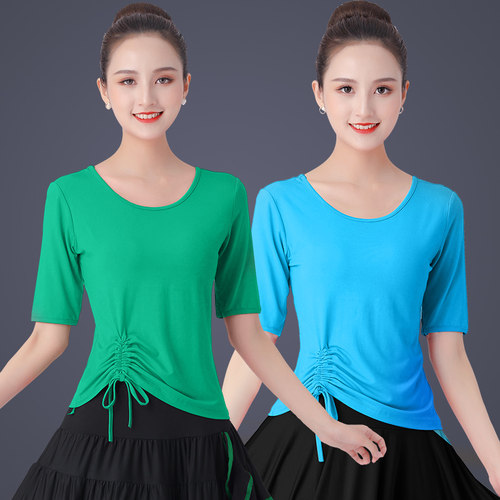 广场舞服装夏新款中袖单件上衣抽绳舞蹈练功演出服时尚跳舞衣服女 - 图2