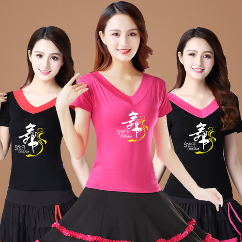 夏季广场舞服装短袖上衣T恤新款中老年演出舞蹈服运动练功服V领女 - 图0