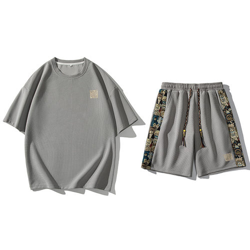 夏季新款华夫格透气大码套装男潮流百搭运动休闲短袖T短裤两件套 - 图1