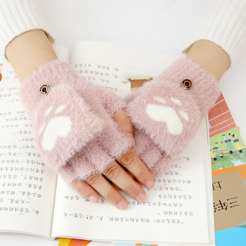 猫爪手套女冬天保暖加绒加厚学生潮写字骑行可爱针织半指翻盖手套,淘宝优惠券,粉丝福利购,淘宝优惠卷