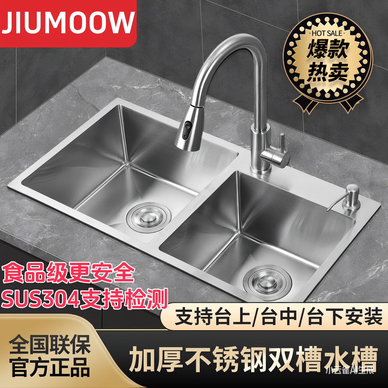 厨房水槽双槽套餐SUS304不锈钢一体成型加厚不沾油洗碗池洗菜盆,淘宝优惠券,粉丝福利购,淘宝优惠卷